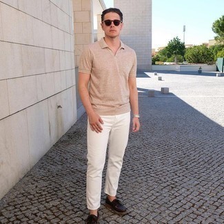 Dark Brown Leather Boat Shoes Outfits: Go for a straightforward but at the same time cool and casual choice by combining a tan polo and white chinos. Add a pair of dark brown leather boat shoes to your look and off you go looking spectacular.