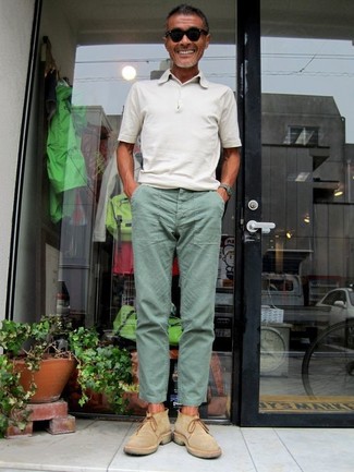 Men's White Polo, Mint Chinos, Tan Suede Chelsea Boots, Black Sunglasses