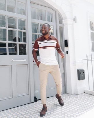 Dark Brown Leather Derby Shoes Hot Weather Outfits: Look dapper without exerting much effort in a white horizontal striped polo and beige chinos. Dark brown leather derby shoes will give an added touch of sophistication to an otherwise too-common ensemble.