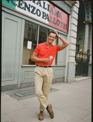 Red Polo Outfits For Men: Consider teaming a red polo with beige chinos for relaxed dressing with a modernized spin. Go the extra mile and jazz up your ensemble by finishing off with brown suede desert boots.