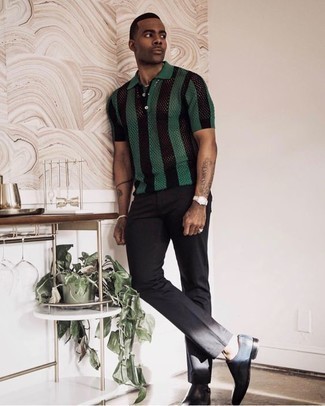 Men's Dark Green Vertical Striped Polo, Black Chinos, Navy Leather Double Monks, Silver Watch