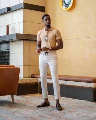 Tan Polo Outfits For Men: Wear a tan polo and white vertical striped chinos for an everyday ensemble that's full of charm and personality. Let your outfit coordination prowess truly shine by finishing with dark brown leather double monks.