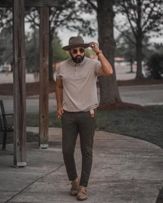 Charcoal Wool Hat Outfits For Men: Marry a beige polo with a charcoal wool hat, if you prefer to dress for comfort without looking like a slob to look dapper. A pair of brown suede double monks immediately kicks up the style factor of your look.