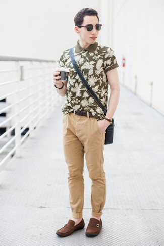 Men's Olive Floral Polo, Khaki Chinos, Brown Suede Driving Shoes, Black Leather Messenger Bag