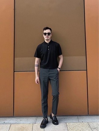 Men's Black Polo, Charcoal Chinos, Black Chunky Leather Loafers, Black Sunglasses