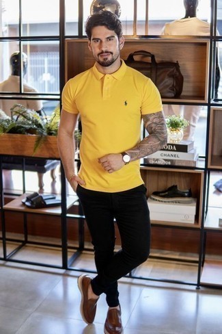 1200+ Hot Weather Outfits For Men: This combination of a mustard polo and black chinos looks well-executed and immediately makes you look cool. A pair of dark brown leather loafers will put a classier spin on this getup.