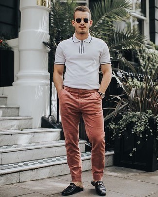 Hot Pink Chinos Outfits: If you would like take your off-duty game up a notch, choose a white polo and hot pink chinos. For something more on the classy end to complement this ensemble, complete your ensemble with a pair of black leather loafers.