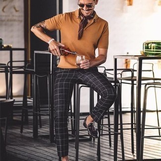 Dark Brown Polo Outfits For Men: Marry a dark brown polo with black and white check chinos for a casual and cool and trendy getup. Take a classic approach with footwear and complement your getup with a pair of black fringe leather loafers.