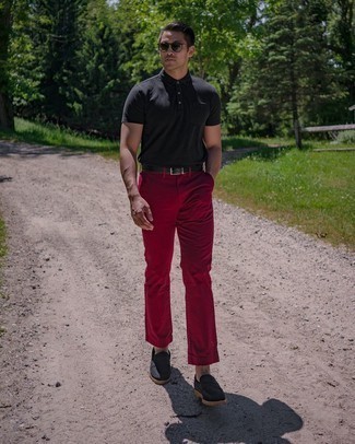 Burgundy Chinos Smart Casual Outfits: If you feel more confident in practical clothes, you'll love this sharp pairing of a black polo and burgundy chinos. With shoes, go for something on the dressier end of the spectrum by sporting a pair of black suede loafers.