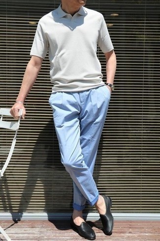 Light Blue Chinos Outfits: Make a grey polo and light blue chinos your outfit choice to pull together an incredibly dapper and current off-duty outfit. Go ahead and go for a pair of black leather loafers for a sense of polish.