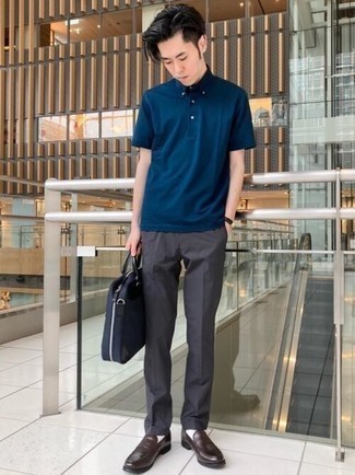 Navy Canvas Briefcase Outfits: A navy polo and a navy canvas briefcase are indispensable essentials if you're putting together an off-duty closet that holds to the highest menswear standards. Dark brown leather loafers are an effective way to breathe an added touch of class into your getup.