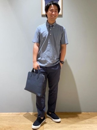 Men's Grey Polo, Navy Chinos, Navy Canvas Loafers, Navy Leather Tote Bag