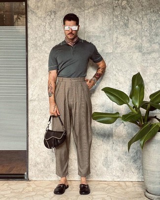 Brown Plaid Chinos Outfits: Combining a charcoal polo with brown plaid chinos is a great option for a casually cool ensemble. For something more on the elegant end to finish off this outfit, introduce black leather loafers to the equation.