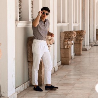 Brown Polo Outfits For Men: For an outfit that's extremely easy but can be modified in a myriad of different ways, wear a brown polo with white chinos. Unimpressed with this ensemble? Enter navy suede loafers to spice things up.