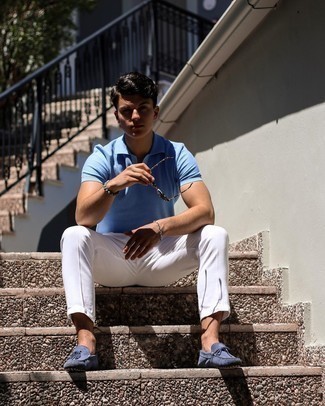 Light Blue Polo Outfits For Men: Make a light blue polo and white chinos your outfit choice to put together a neat and relaxed outfit. Add a pair of blue suede loafers to this look to completely shake up the ensemble.