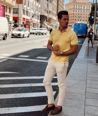 Men's Yellow Polo, Beige Chinos, Dark Brown Woven Leather Loafers, Silver Watch