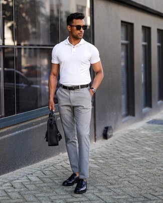Men's White Polo, Grey Chinos, Black Leather Loafers, Black Leather Briefcase