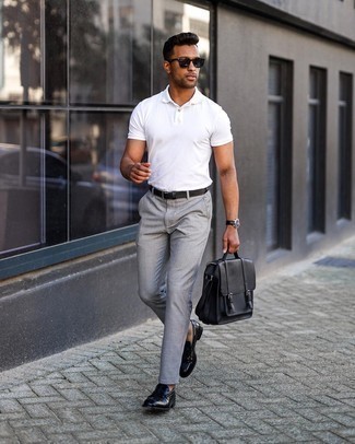 Men's White Polo, Grey Chinos, Black Leather Loafers, Black Leather Briefcase