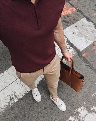 Men's Burgundy Polo, Beige Chinos, White Low Top Sneakers, Brown Leather Briefcase