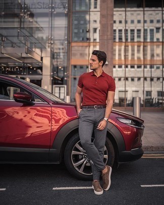 Red Polo Outfits For Men: On days when comfort is everything, reach for a red polo and grey chinos. Introduce brown suede low top sneakers to the equation for extra style points.