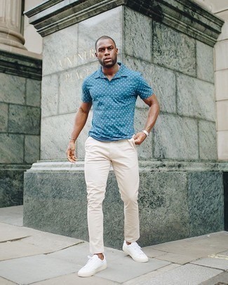 Navy Print Polo Outfits For Men: This pairing of a navy print polo and beige chinos is extremely easy to copy and so comfortable to rock throughout the day as well! Complement your ensemble with white canvas low top sneakers and the whole outfit will come together.