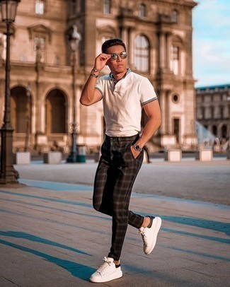 Men's White Polo, Dark Brown Plaid Chinos, White and Black Leather Low Top Sneakers, Silver Sunglasses