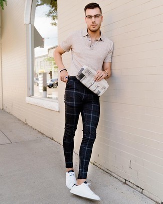 Beige Polo Outfits For Men: When the situation allows casual styling, dress in a beige polo and charcoal plaid chinos. A good pair of white and black leather low top sneakers pulls this outfit together.