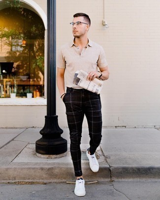 Charcoal Plaid Chinos Outfits: Seriously stylish yet comfy, this outfit combines a beige polo and charcoal plaid chinos. Let your outfit coordination credentials truly shine by rounding off this look with a pair of white and navy leather low top sneakers.