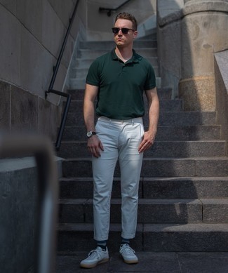 Men's Dark Green Polo, White Chinos, White Leather Low Top Sneakers, Dark Brown Sunglasses