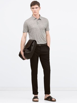Dark Brown Chinos Outfits: A grey polo and dark brown chinos married together are a nice match. If you want to effortlessly dress down this outfit with shoes, complete this ensemble with dark brown leather sandals.