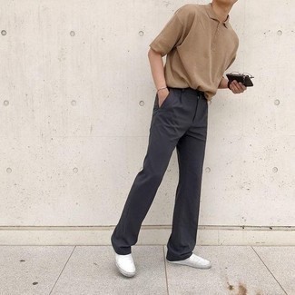 Men's Tan Polo, Charcoal Chinos, White Canvas Slip-on Sneakers, Clear Sunglasses