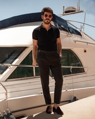 Dark Brown Chinos Outfits: To put together a casual outfit with a modern finish, you can easily wear a black polo and dark brown chinos. Why not take a more polished approach with footwear and introduce dark brown suede tassel loafers to the equation?