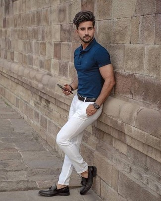 Blue Polo Outfits For Men: This cool and casual outfit is really pared down: a blue polo and white chinos. Feeling creative? Spice up this outfit by sporting a pair of black leather tassel loafers.