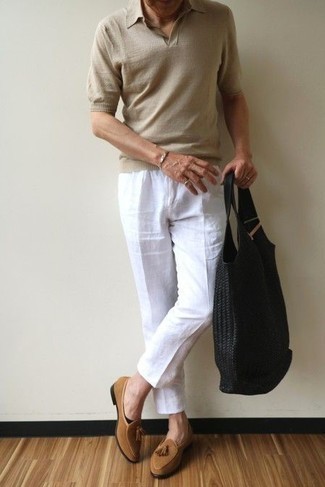 Tan Polo Outfits For Men: Putting together a tan polo and white linen chinos will allow you to parade your expertise in menswear styling even on lazy days. If you want to easily amp up your look with one single piece, why not complement this look with tan suede tassel loafers?