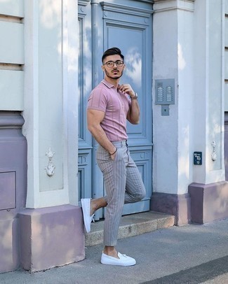 White Canvas Tassel Loafers Outfits: If you want to go about your day with confidence in your getup, pair a pink polo with grey vertical striped chinos. For something more on the dressier side to complete this ensemble, add a pair of white canvas tassel loafers to this outfit.