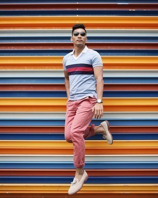 White and Red and Navy Horizontal Striped Canvas Watch Outfits For Men: Combining a light blue horizontal striped polo with a white and red and navy horizontal striped canvas watch is a savvy option for a casual getup. You can get a little creative with shoes and polish off this look by rounding off with beige suede tassel loafers.