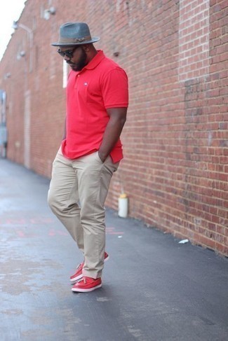 Men's Red Polo, Beige Chinos, Red Leather Tassel Loafers, Light Blue Straw Hat