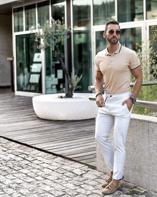 Tan Polo Outfits For Men: The combo of a tan polo and white chinos makes for a kick-ass relaxed casual outfit. Rock a pair of tan suede tassel loafers to easily boost the classy factor of this getup.