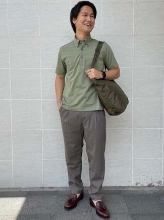 Men's Olive Polo, Grey Chinos, Burgundy Leather Tassel Loafers, Olive Canvas Tote Bag