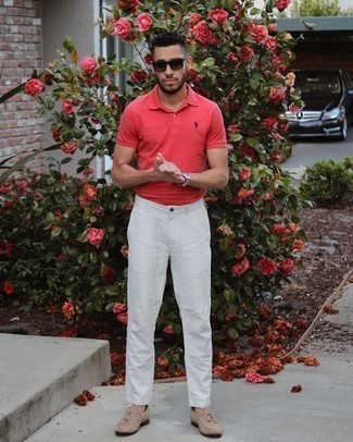 Men's Red Polo, White Chinos, Tan Suede Tassel Loafers, Dark Brown Sunglasses