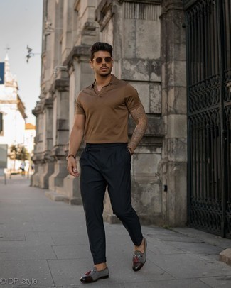 Blue Vertical Striped Chinos Outfits: Wear a brown polo with blue vertical striped chinos to pull together an extra dapper and modern-looking casual ensemble. To introduce a little classiness to your getup, introduce a pair of charcoal suede tassel loafers to your ensemble.