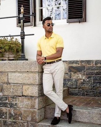Mustard Polo Outfits For Men: For a cool and relaxed ensemble, try teaming a mustard polo with white chinos — these pieces play beautifully together. If you want to feel a bit sleeker now, add black suede tassel loafers to the equation.