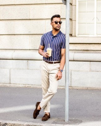 Dark Brown Leather Belt Hot Weather Outfits For Men: For a laid-back ensemble, go for a navy vertical striped polo and a dark brown leather belt — these pieces work really well together. Give a different twist to your look by wearing a pair of dark brown suede tassel loafers.