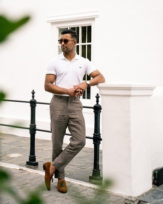 White Polo Outfits For Men: For a casual and cool ensemble, consider wearing a white polo and grey linen chinos — these pieces play pretty good together. Want to play it up on the shoe front? Complement this look with a pair of brown suede tassel loafers.