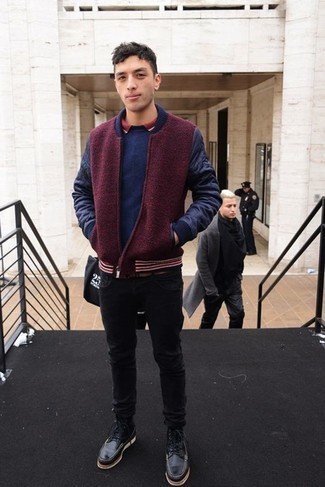 Burgundy Wool Bomber Jacket Fall Outfits For Men: 