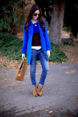 Blue Crew-neck Sweater Outfits For Women: 