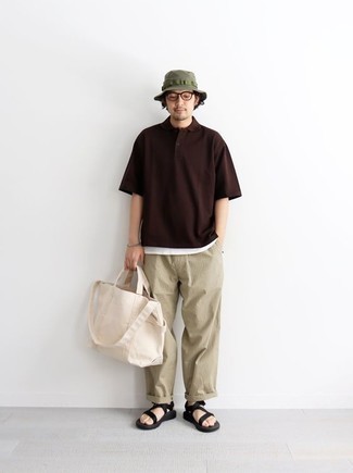 Olive Bucket Hat Outfits For Men: For a casual look with an edgy finish, reach for a dark brown polo and an olive bucket hat. A pair of black canvas sandals easily revs up the appeal of your getup.