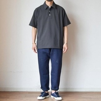 Men's Charcoal Polo, White Crew-neck T-shirt, Navy Jeans, Navy and White Canvas Low Top Sneakers