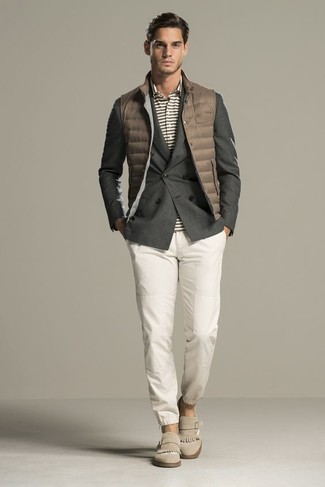 Tobacco Quilted Gilet Outfits For Men: 