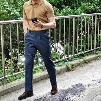 Tan Polo Outfits For Men: Such items as a tan polo and navy dress pants are an easy way to introduce a dash of rugged refinement into your off-duty fashion mix. Bring a different twist to an otherwise mostly classic outfit by wearing dark brown suede desert boots.